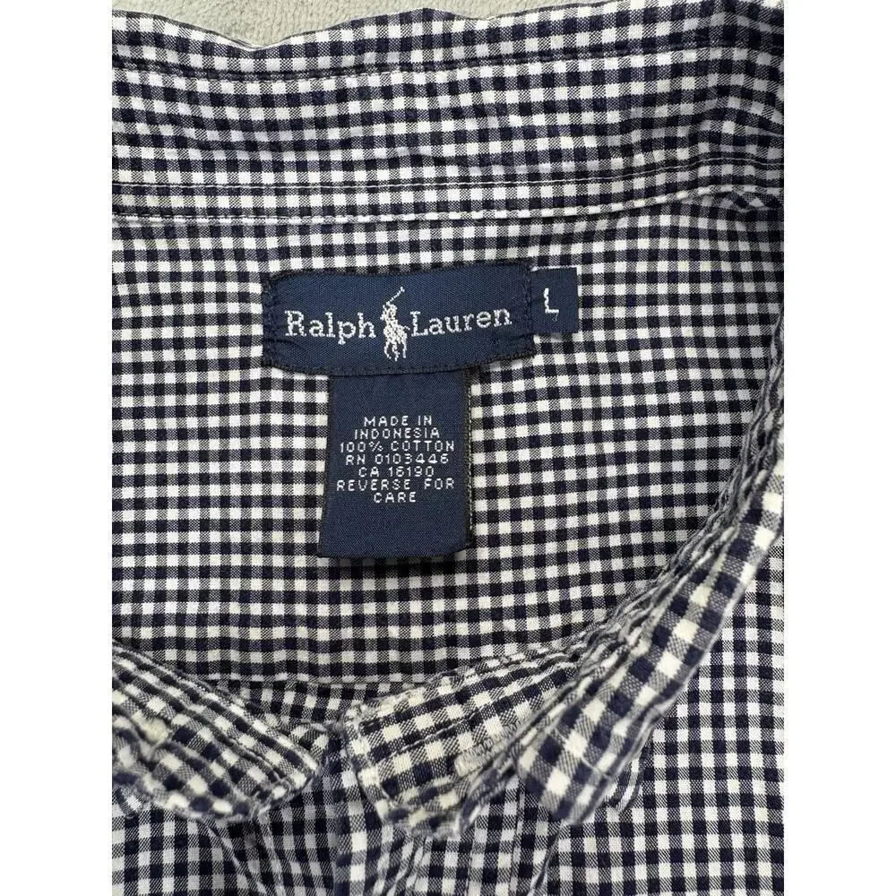 RALPH LAUREN Boys Navy L Gingham Short Sleeve Button Down Shirt Red Pony